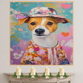 Charming Blooms: Jack Russell Dog in a Hearty Flowery Dress and Hat Whimsical Artwork on Ready to Hang 1.5" Thick Canvas Wrap, Floating Framed Canvas, Flat Rolled Canvas
